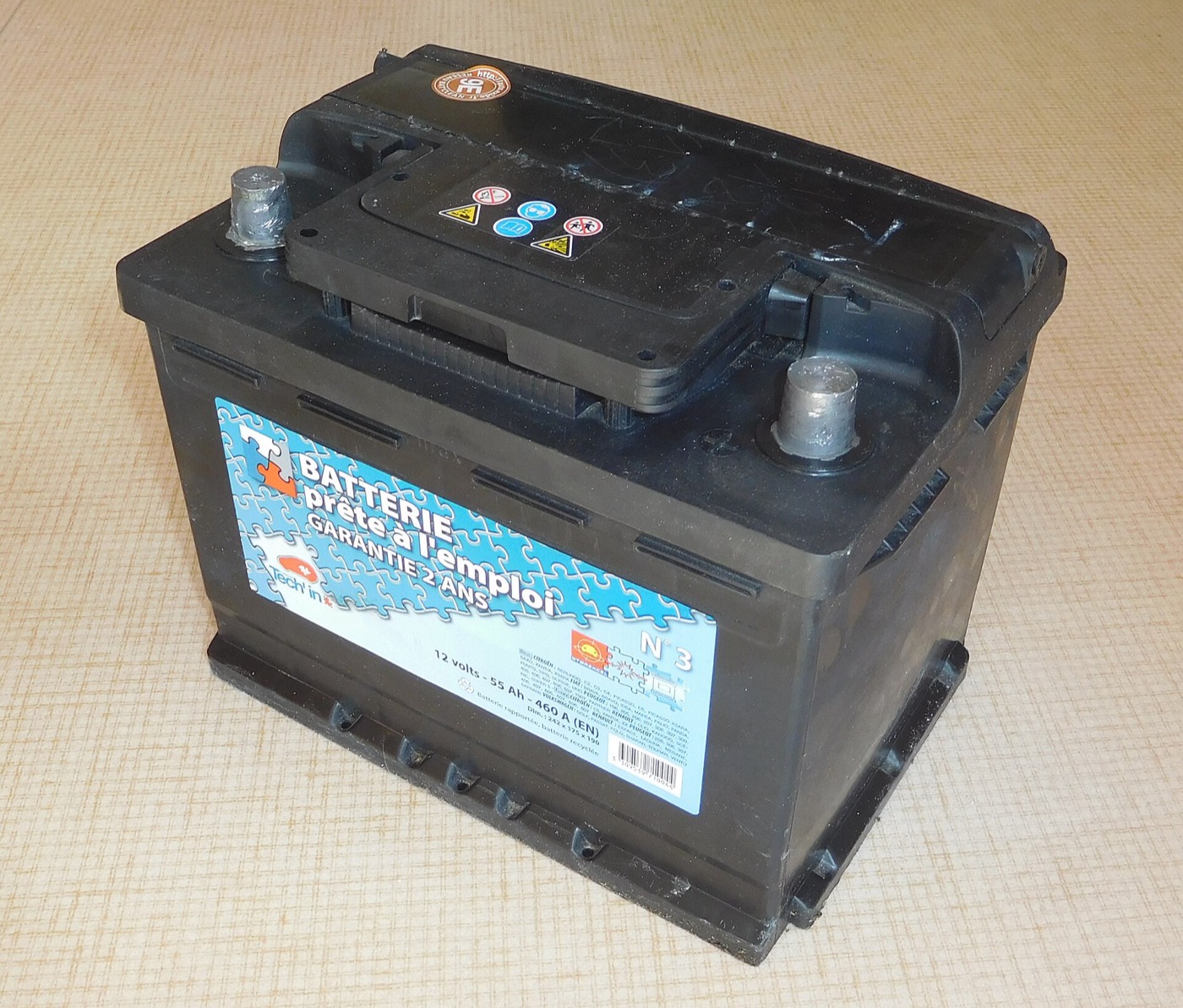 A 12-volt car battery